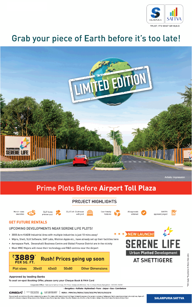 Offer Rs 3889 per sqft Rush Prices going up soon at Salarpuria Sattva Serene Life in Bangalore Update
